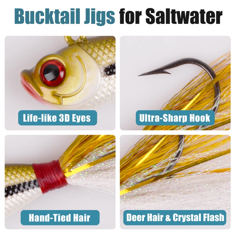 OROOTL Bucktail Jigs Saltwater Hair Jigs, 5 Pack Bucktail Lures Surf Fishing Jig Heads for Bass Flounder Striper Bluefish Halibut Redfish Saltwater Freshwater 1/4oz-2oz - Image 2