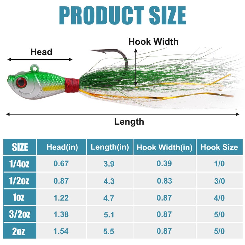 OROOTL Bucktail Jigs Saltwater Hair Jigs, 5 Pack Bucktail Lures Surf Fishing Jig Heads for Bass Flounder Striper Bluefish Halibut Redfish Saltwater Freshwater 1/4oz-2oz - Image 3