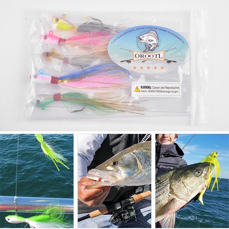 OROOTL Bucktail Jigs Saltwater Hair Jigs, 5 Pack Bucktail Lures Surf Fishing Jig Heads for Bass Flounder Striper Bluefish Halibut Redfish Saltwater Freshwater 1/4oz-2oz - Image 5