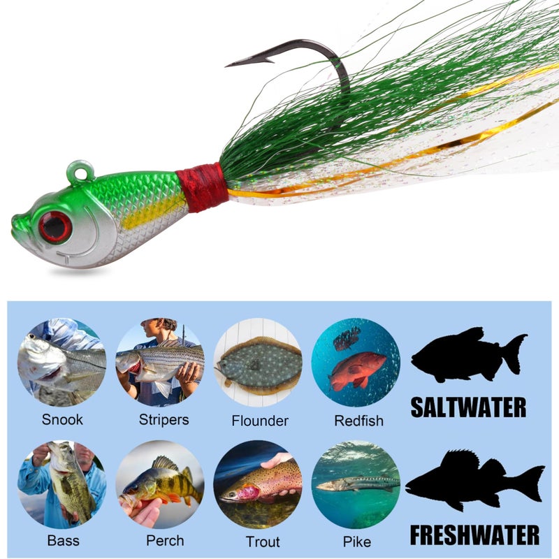 OROOTL Bucktail Jigs Saltwater Hair Jigs, 5 Pack Bucktail Lures Surf Fishing Jig Heads for Bass Flounder Striper Bluefish Halibut Redfish Saltwater Freshwater 1/4oz-2oz - Image 4