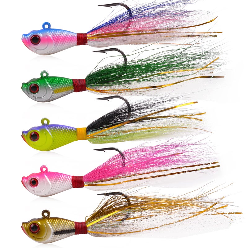 OROOTL Bucktail Jigs Saltwater Hair Jigs, 5 Pack Bucktail Lures Surf Fishing Jig Heads for Bass Flounder Striper Bluefish Halibut Redfish Saltwater Freshwater 1/4oz-2oz - Image 1