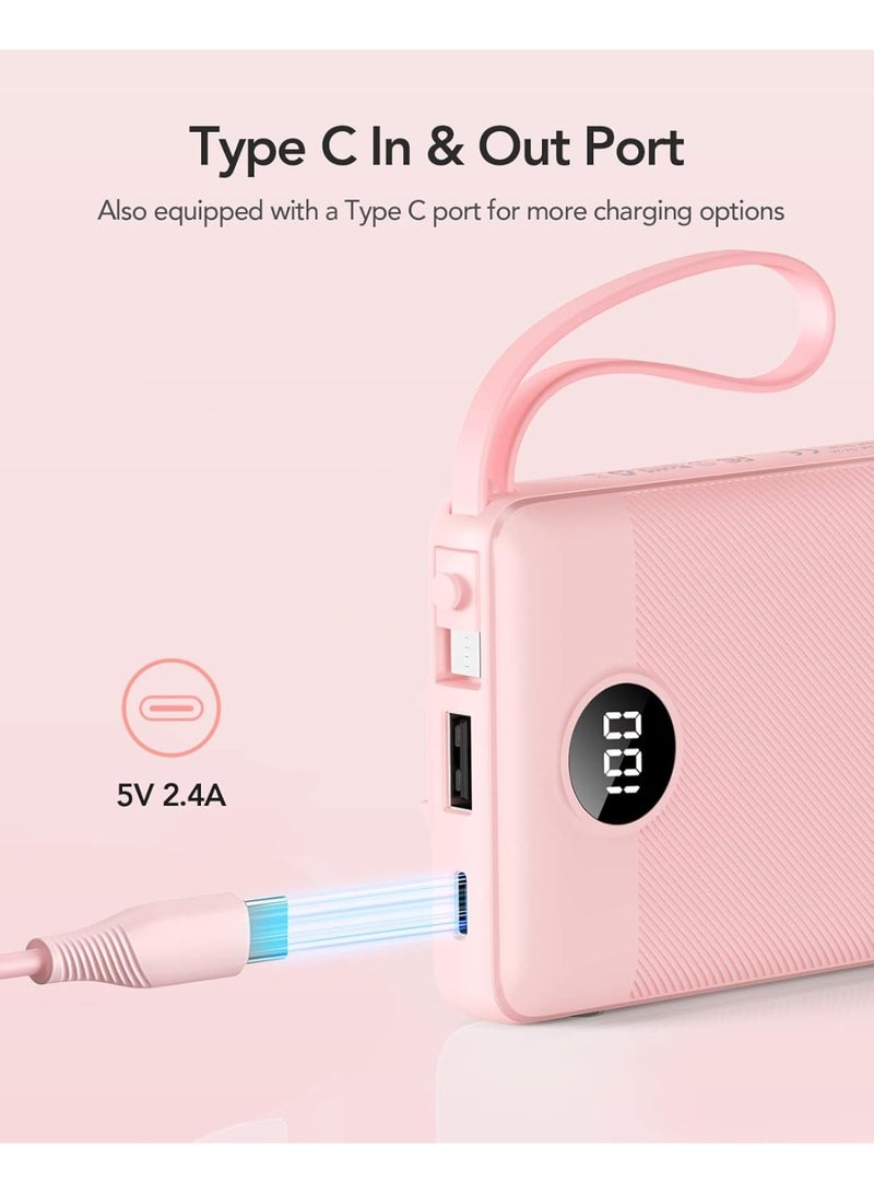 VRURC Portable Charger 10000mAh, Slim LED Display Power Bank, 5 Output 2 Input Cell Phone Battery Pack, Built-in Micro & USB C Cables Phone Charger Compatible with iPhone,Samsung,Android etc-Pink - Image 3