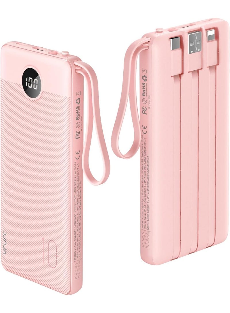 VRURC Portable Charger 10000mAh, Slim LED Display Power Bank, 5 Output 2 Input Cell Phone Battery Pack, Built-in Micro & USB C Cables Phone Charger Compatible with iPhone,Samsung,Android etc-Pink - Image 1