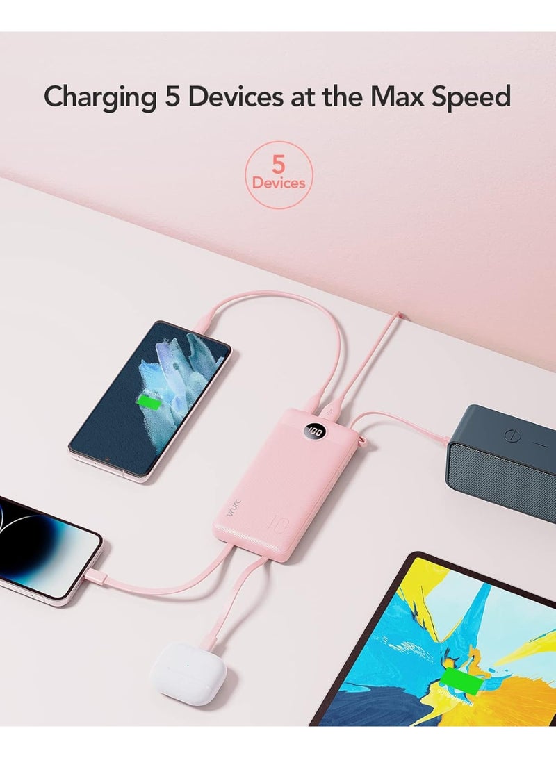 VRURC Portable Charger 10000mAh, Slim LED Display Power Bank, 5 Output 2 Input Cell Phone Battery Pack, Built-in Micro & USB C Cables Phone Charger Compatible with iPhone,Samsung,Android etc-Pink - Image 4