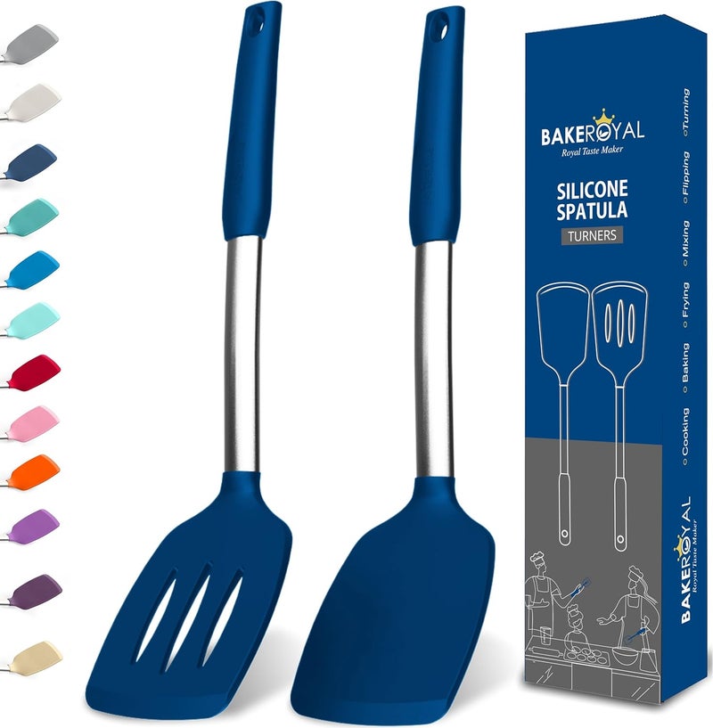 BAKEROYAL Silicone Spatula Set - Turner Spatulas Silicone Heat Resistant 600°F - Slotted & Solid Spatula for Cooking Fish, Eggs, Pancakes Flipper – Spatulas for kitchen use – Royal Blue - Image 1