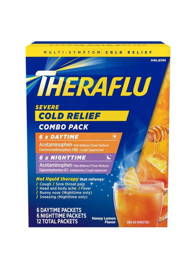 Theraflu Combo Daytime and Nighttime Severe Cold Relief Powder, Honey Lemon Flavor, 12 Count, 6 Daytime + 6 Nighttime - Image 1