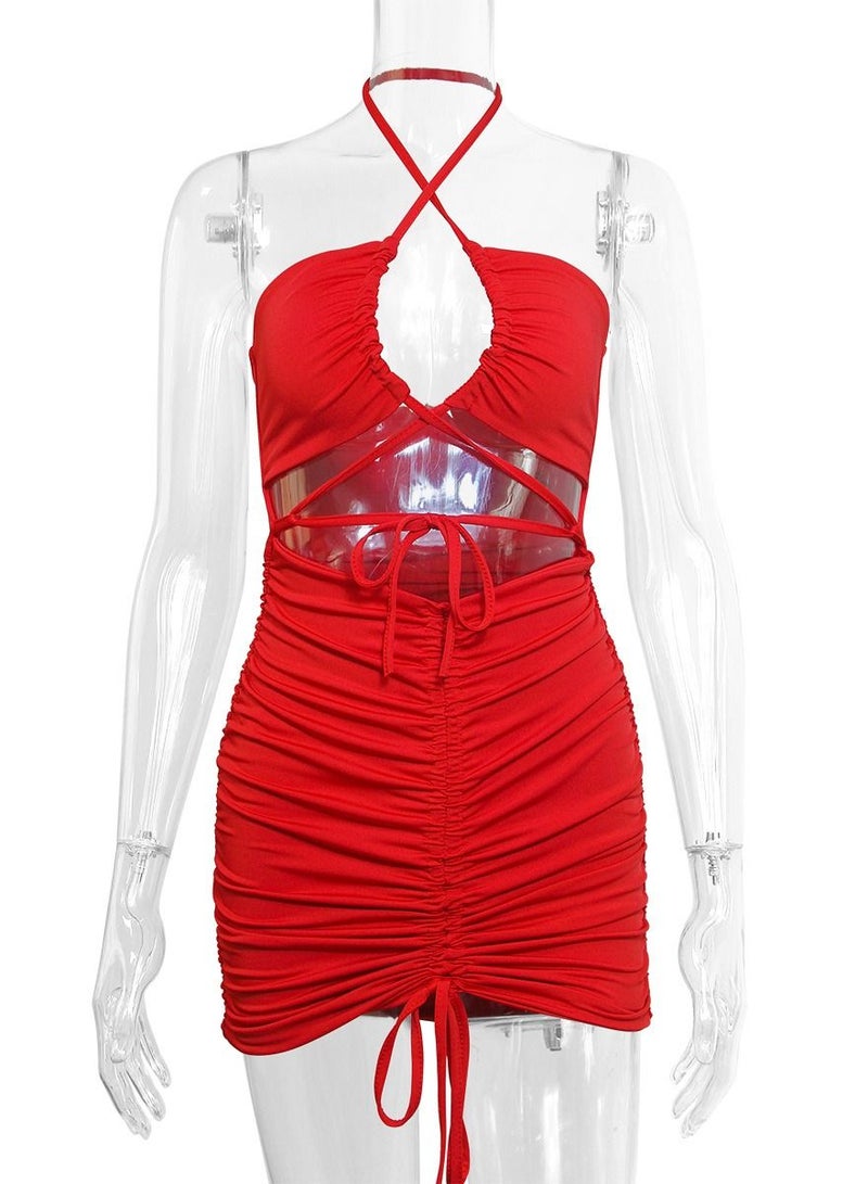 Loquat Hip Wrap Dress Red  - Image 1