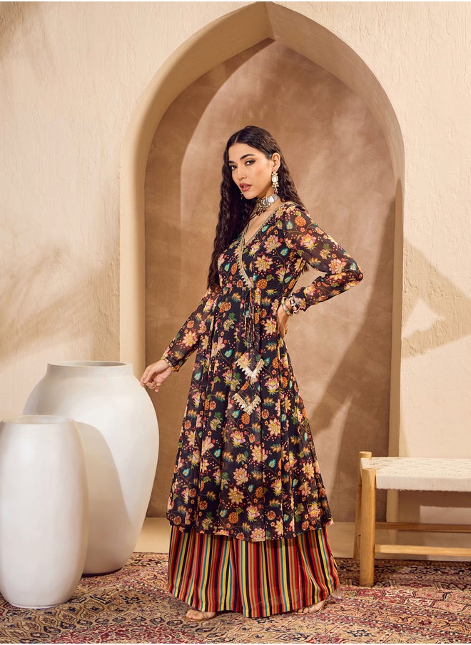 SASSAFRAS Floral Print Wrap Anarkali Kurta with Palazzos Set  - Image 5