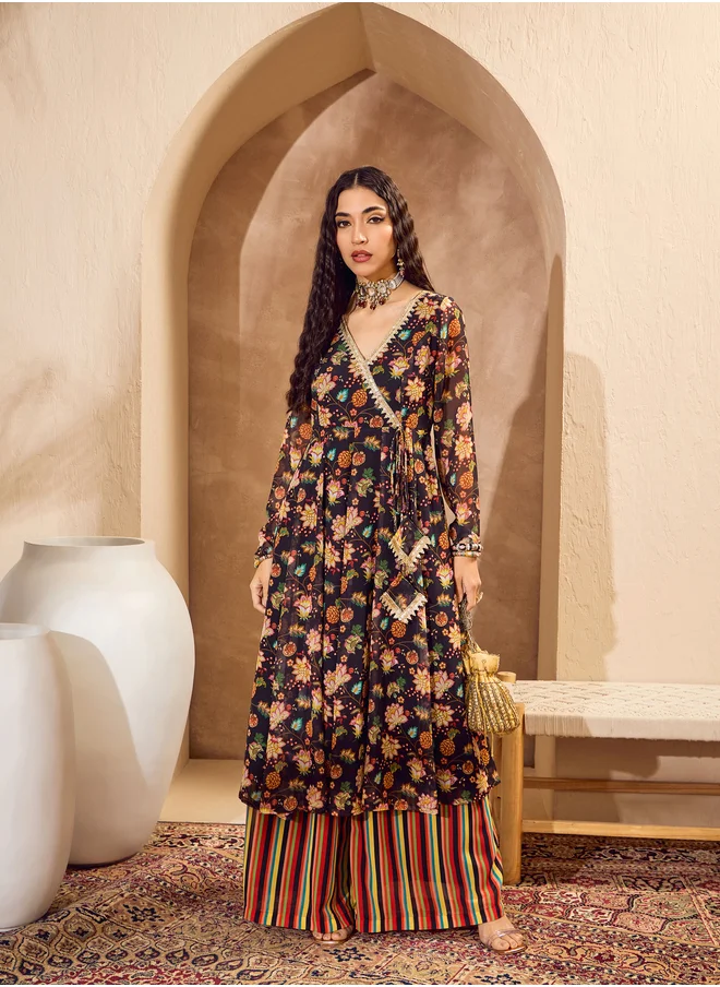 ساسافراس Floral Print Wrap Anarkali Kurta with Palazzos Set