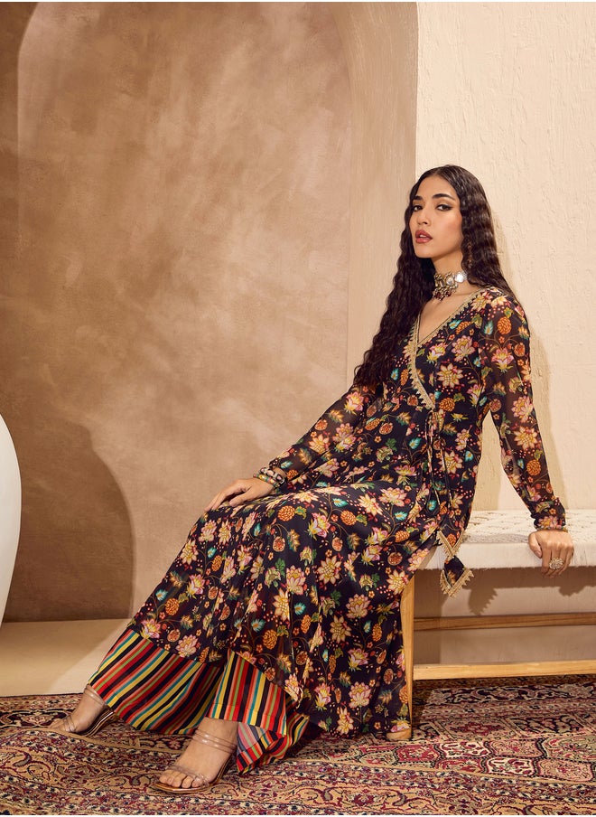 SASSAFRAS Floral Print Wrap Anarkali Kurta with Palazzos Set  - Image 4