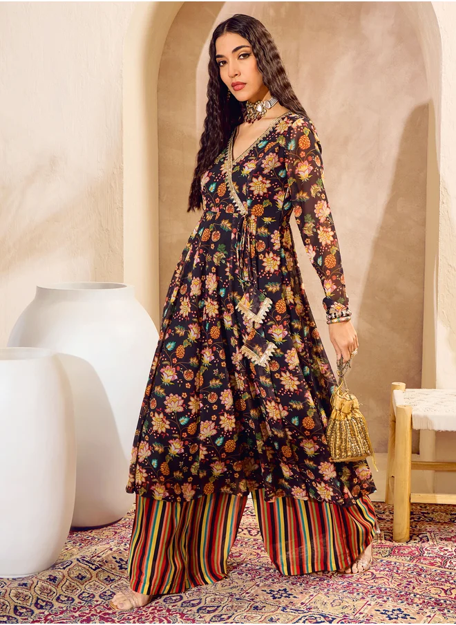 ساسافراس Floral Print Wrap Anarkali Kurta with Palazzos Set