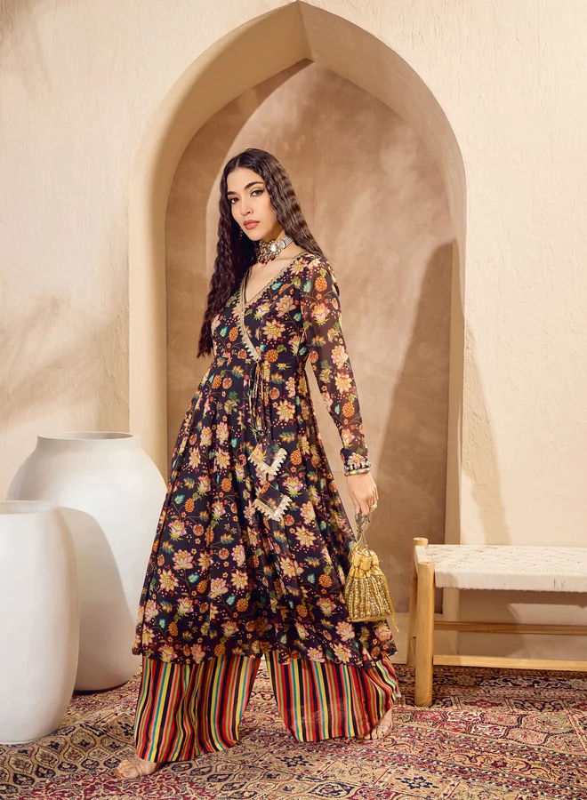 ساسافراس طقم كورتا أناركالي مطبوع بالزهور مع بالازو