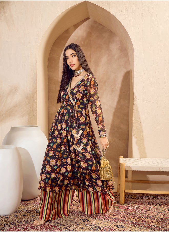 SASSAFRAS Floral Print Wrap Anarkali Kurta with Palazzos Set  - Image 3