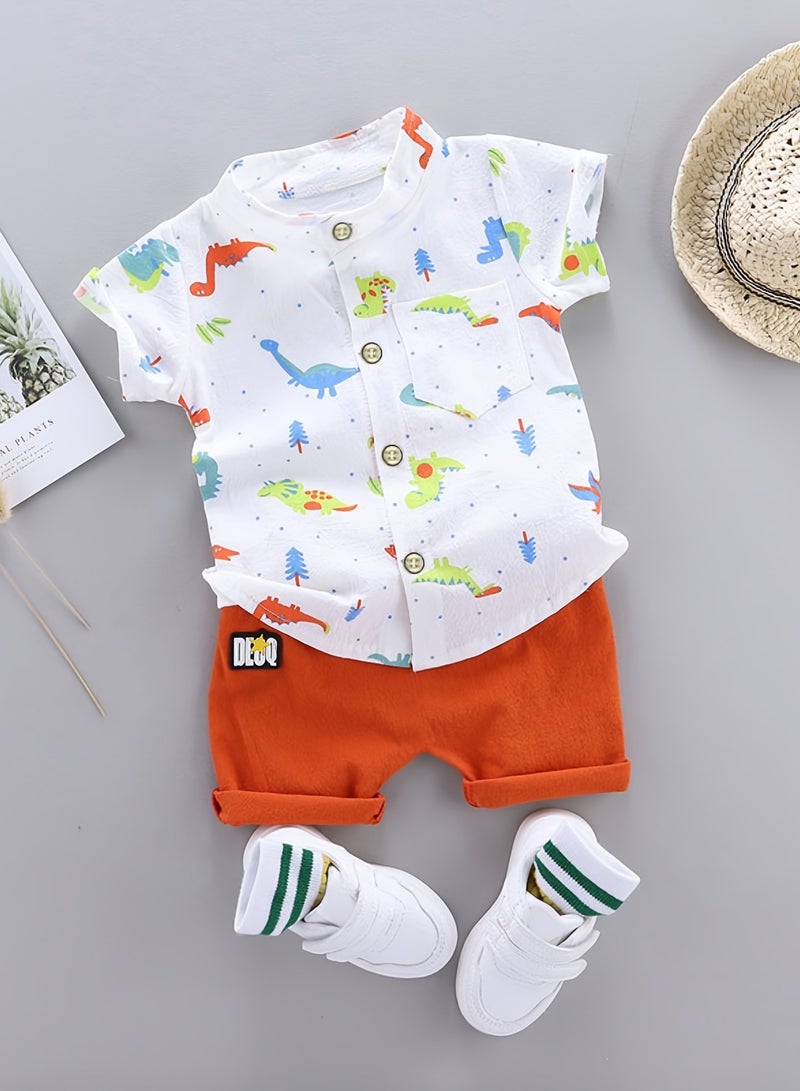 2pcs Baby Boys Dinosaur Print Short Sleeve Shirt  Elastic Shorts Set – Toddler Boys Summer Outfit, Casual Clothes for Daily Wear – Size S - Image 1