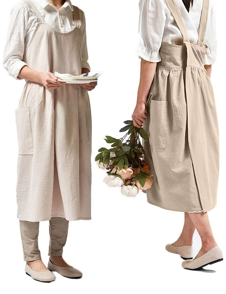 losofar Women Girls Vintage Cute Apron Gardening Works Cross Back Cotton/Linen Blend Aprons Pinafore Dress with Two Pockets (beige) - Image 5