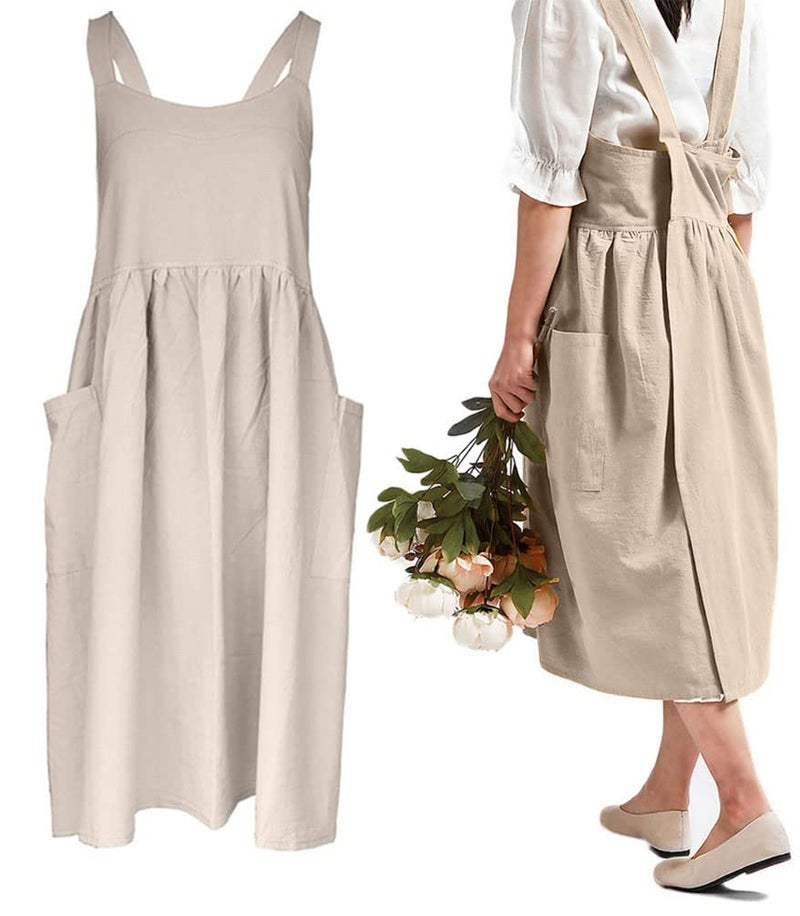 losofar Women Girls Vintage Cute Apron Gardening Works Cross Back Cotton/Linen Blend Aprons Pinafore Dress with Two Pockets (beige) - Image 4