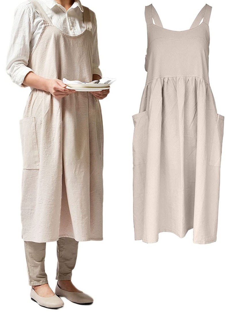 losofar Women Girls Vintage Cute Apron Gardening Works Cross Back Cotton/Linen Blend Aprons Pinafore Dress with Two Pockets (beige) - Image 1