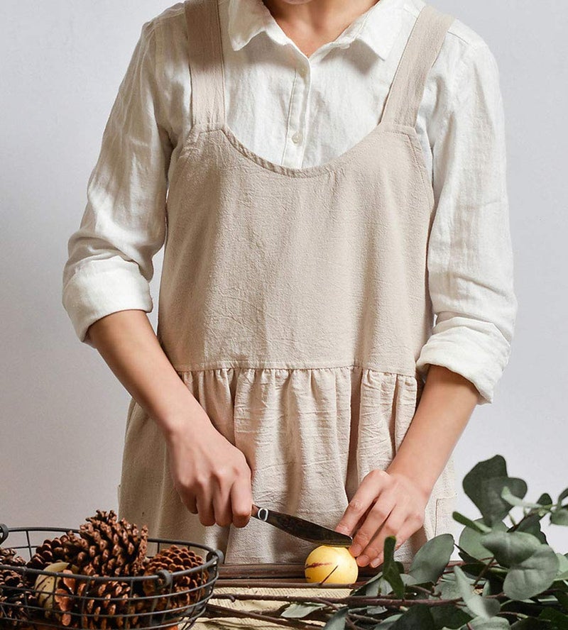 losofar Women Girls Vintage Cute Apron Gardening Works Cross Back Cotton/Linen Blend Aprons Pinafore Dress with Two Pockets (beige) - Image 3