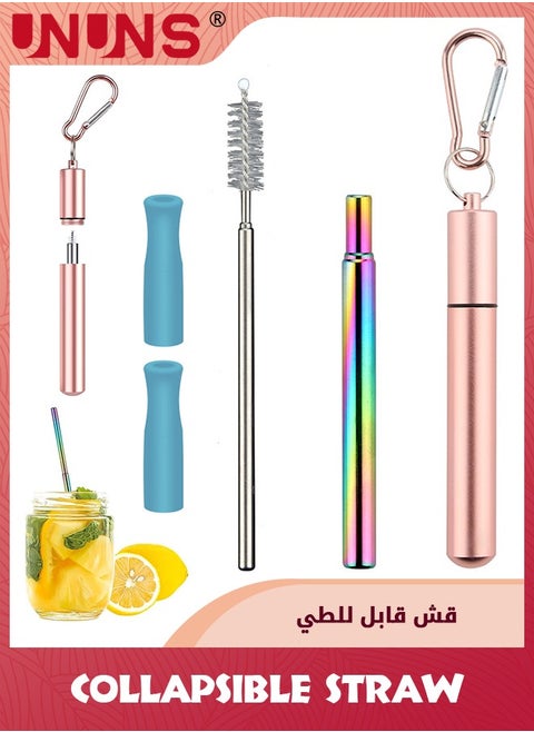 Reusable Straws,3 Pack Collapsible Portable Metal Stra,Reusable Foldable Stainless Steel Drinking Travel Telescopic Straw with Case,Clean Brush,Keychain Gifts