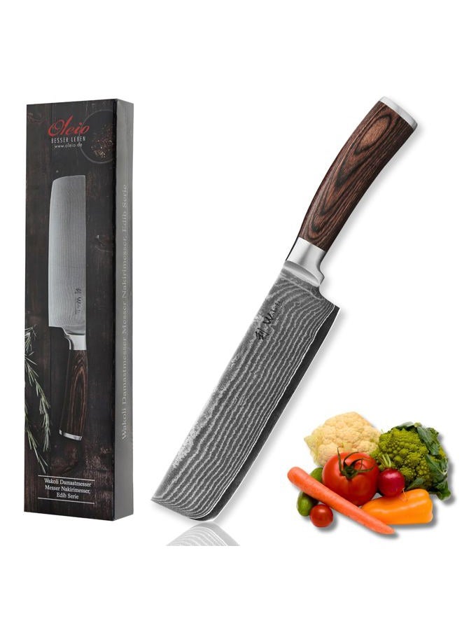 Wakoli EDIB 17,5 cm Nakiri Knife, Damascus Chef Knife made from 67 Layers Damascus Steel with VG10 Core, Razor-Sharp Kitchen Knife with Pakkawood Handle in Gift Box - Image 1