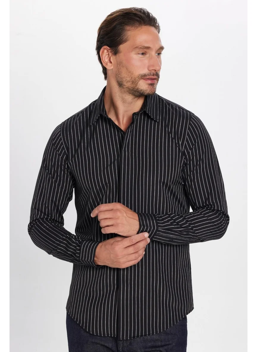 Tudors Slim Fit Navy Blue Striped Sports Shirt