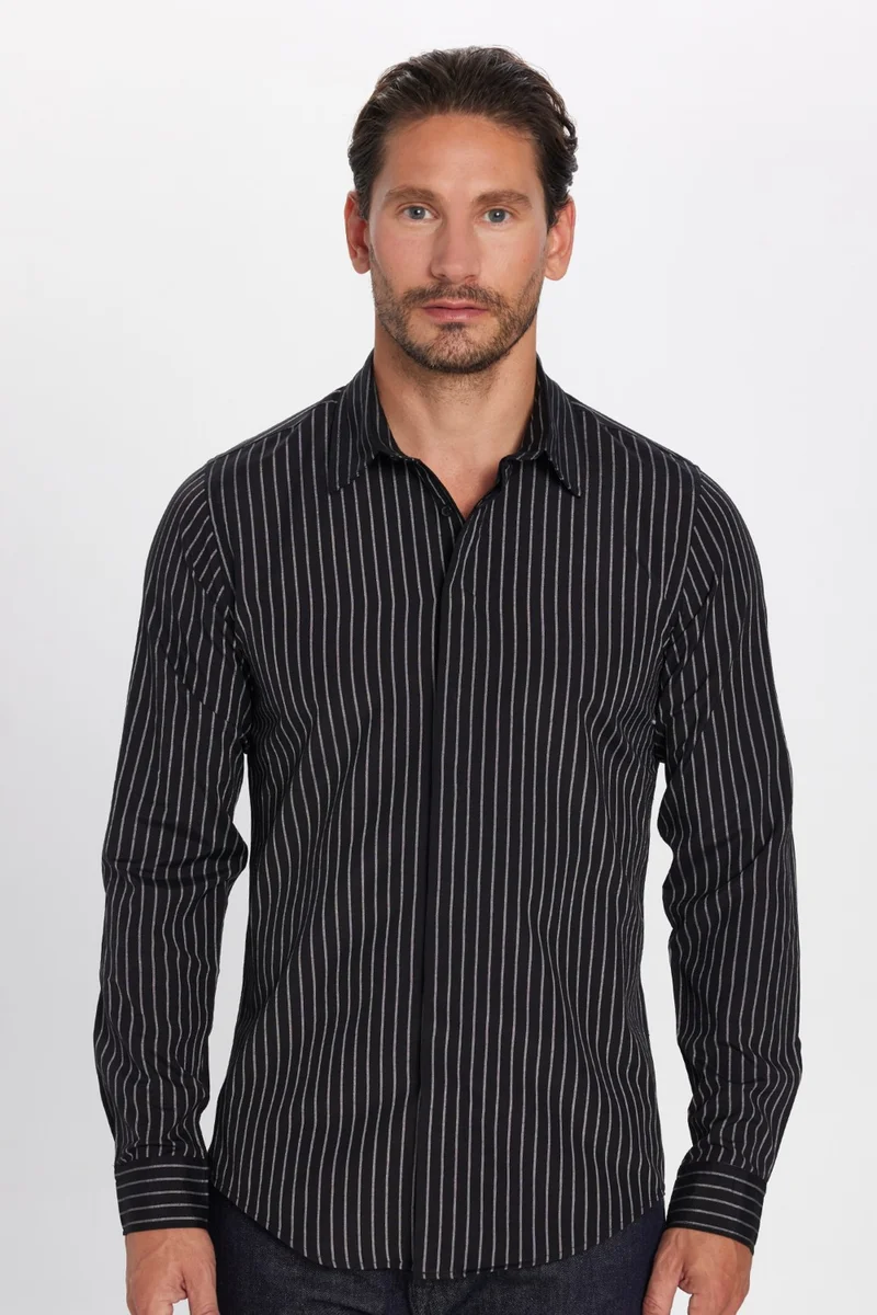 Tudors Slim Fit Navy Blue Striped Sports Shirt