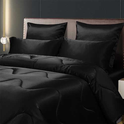 YASMENG Black Satin Silky Comforter Set Queen Size Summer Cooling Glossy Quilt Set Smooth Touch Luxury Hotel Silk Like Satin Duvet Down Alternative Comforter with 2 Pillowcases for All Seasons - Image 5