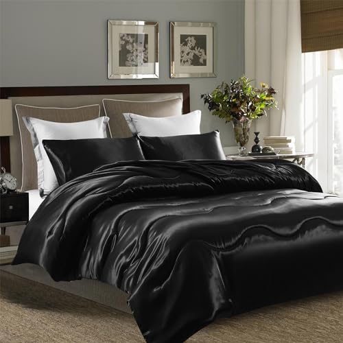 YASMENG Black Satin Silky Comforter Set Queen Size Summer Cooling Glossy Quilt Set Smooth Touch Luxury Hotel Silk Like Satin Duvet Down Alternative Comforter with 2 Pillowcases for All Seasons - Image 2