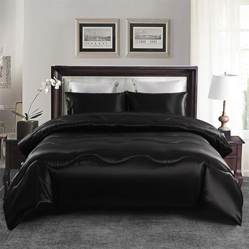YASMENG Black Satin Silky Comforter Set Queen Size Summer Cooling Glossy Quilt Set Smooth Touch Luxury Hotel Silk Like Satin Duvet Down Alternative Comforter with 2 Pillowcases for All Seasons - Image 3
