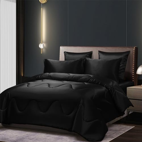 YASMENG Black Satin Silky Comforter Set Queen Size Summer Cooling Glossy Quilt Set Smooth Touch Luxury Hotel Silk Like Satin Duvet Down Alternative Comforter with 2 Pillowcases for All Seasons - Image 1