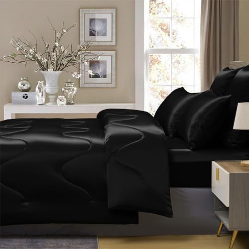 YASMENG Black Satin Silky Comforter Set Queen Size Summer Cooling Glossy Quilt Set Smooth Touch Luxury Hotel Silk Like Satin Duvet Down Alternative Comforter with 2 Pillowcases for All Seasons - Image 4
