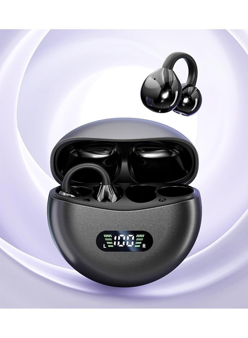Open-back clip-on earphones, wireless Bluetooth sports earphones, wireless charging case with LED battery indicator, waterproof fitness earphones, running earphones (black). - Image 2