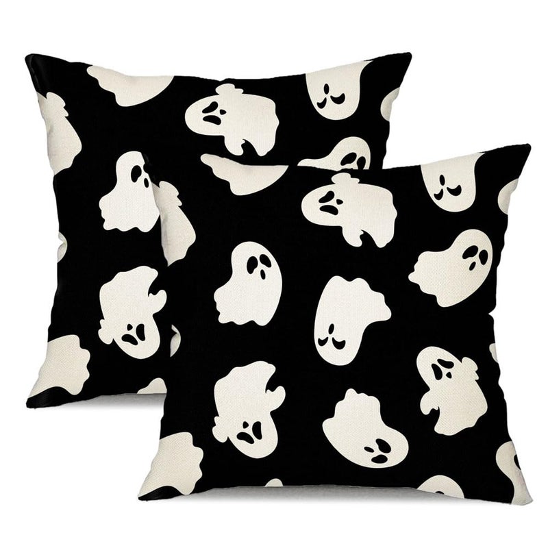 DFXSZ Halloween Pillow Covers 18x18 inch Set of 2 Happy Halloween White Ghost Decor Black Pillow Covers Sofa Bed Outdoor Car Decoration TH14A18