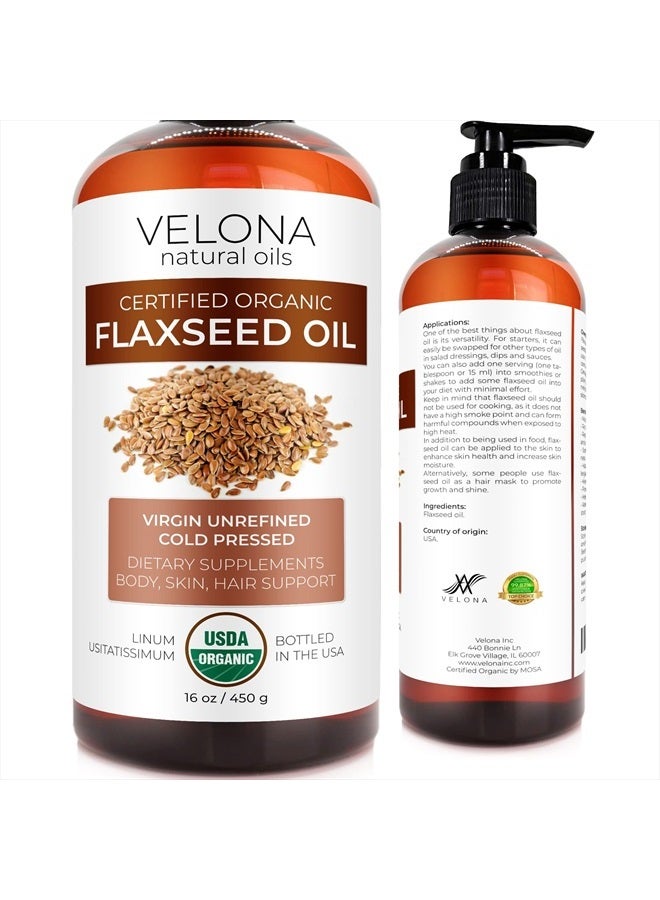 velona USDA Certified Organic Flaxseed Oil - 16 oz | 100% Pure and Natural Carrier Oil | Unrefined, Cold Pressed | Hair Growth, Body, Face & Skin Care | Use Today - Enjoy Results - Image 1