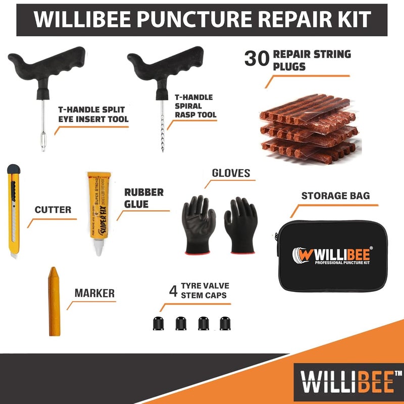 WILLIBEE 9-in-1 (Pack of 30 Strips) Tubeless Tyre Puncture Repair Kit for Car, Bike, Scooter & SUV - Universal Emergency Tyre Fix Tool Set, Flat Tire Puncher Repair Kit (with Storage Bag). - Image 2