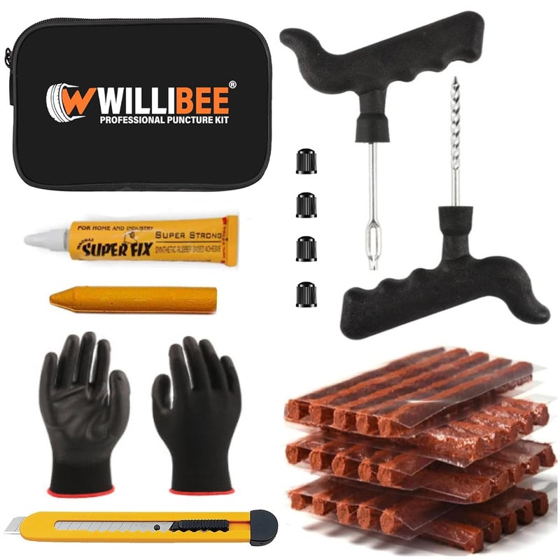 WILLIBEE 9-in-1 (Pack of 30 Strips) Tubeless Tyre Puncture Repair Kit for Car, Bike, Scooter & SUV - Universal Emergency Tyre Fix Tool Set, Flat Tire Puncher Repair Kit (with Storage Bag). - Image 1