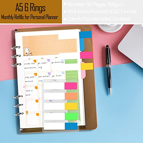 Rancco A5 Planner Inserts Monthly Planner Refills, 90 Pages Colorful 6-Ring Loose-leaf Monthly Binder Paper w/Divider, PVC Pouch, Ruler, Index Tab for Journal, Filofax, Double-sided, Undated,8.3x5.6" - Image 4
