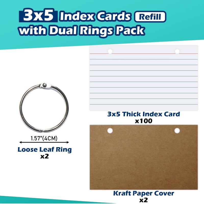 Olivo Index Card Binder Refills, White 3x5 Lined Index Cards with Ring, 2 Holes Punched, 100 Count - Image 3