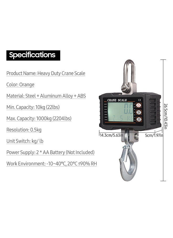 Generic - Digital Hanging Scale 1000kg/ 2204lbs Portable Heavy Duty Crane Scale LCD Backlight Industrial Hook Scales Unit Change/ Data Hold/ Tare/ Zero - Image 1