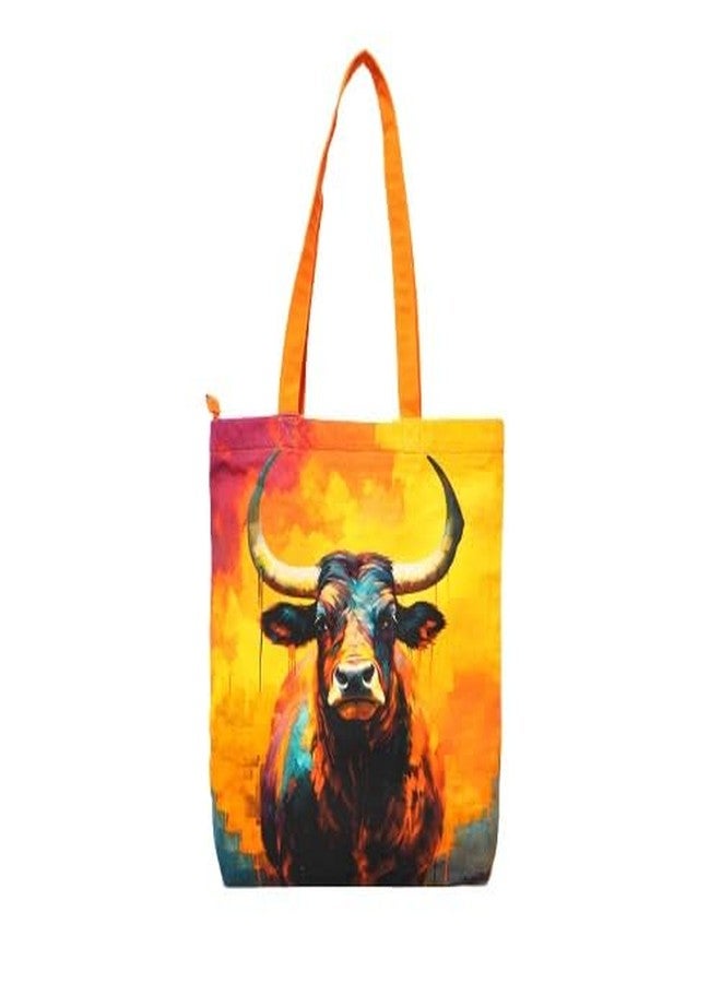 VARA Bull Art Tote Bag | Handmade | Canvas | Shoulder Bags | Ladies Handbag | Vibrant Digital Print Stylish Daily Use Shopper Bag for Women - Image 1