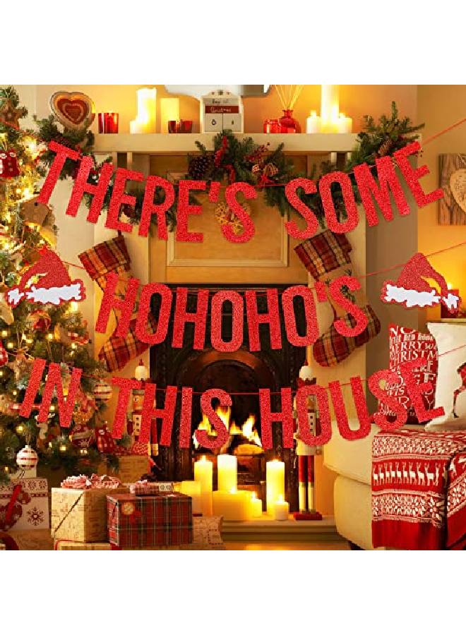 LeeSky Red Glitter There'S Some Ho Ho Hos In This House Banner Funny Christmas Banner Decorations Christmas Party Banner For Xmas Holiday Party Home Office Fireplace Mantel Decorations - Image 2