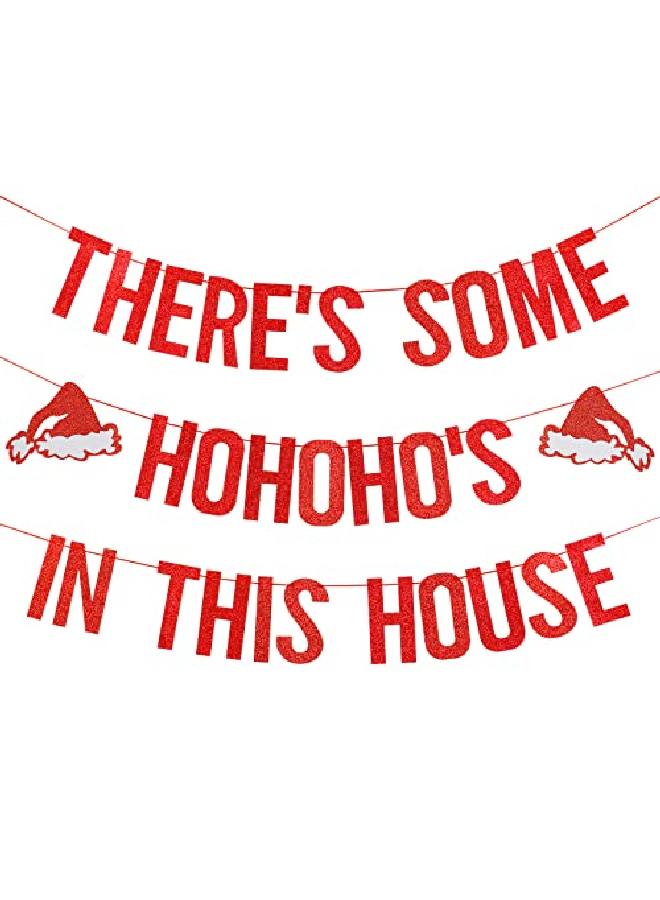 LeeSky Red Glitter There'S Some Ho Ho Hos In This House Banner Funny Christmas Banner Decorations Christmas Party Banner For Xmas Holiday Party Home Office Fireplace Mantel Decorations - Image 1