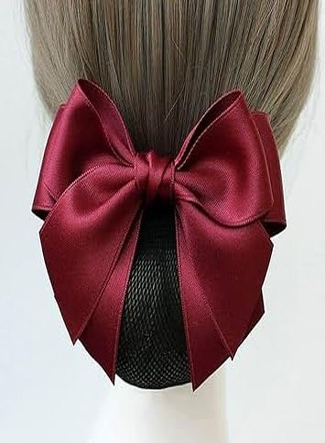 SquarezhenBo Wine Red Hair Snood Net, Bowknot Decor Barrette, Elastic Mesh Hair Bun Cover Bow-Knot Decor Hair Clip Hairnet Clips Hair Accessories - Image 1