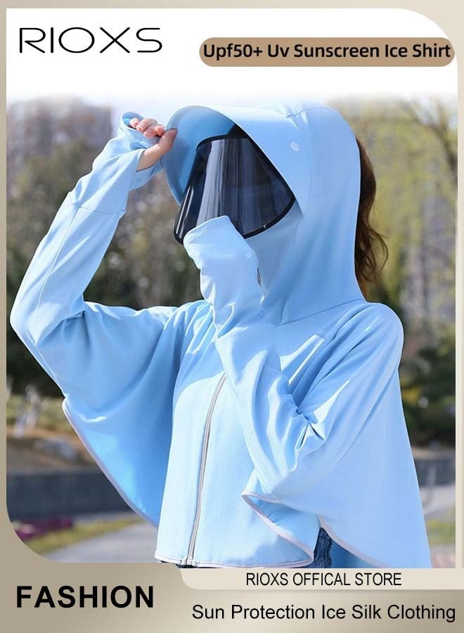 RIOXS Summer Women's UV-Protective Top with Hood, Sun Hat with UV-Blocking Visor, Cycling/Electric Scooter Face Mask with Neck Protection, Breathable Ice-Silk UV-Protective Top, Blue - Image 1