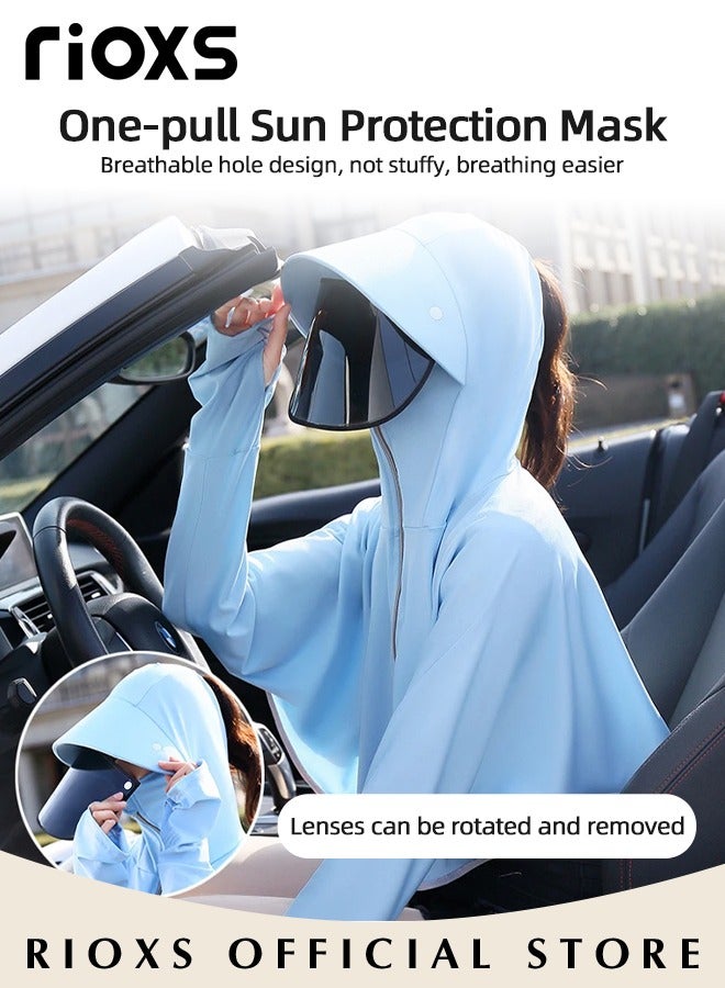 RIOXS Summer Women's UV-Protective Top with Hood, Sun Hat with UV-Blocking Visor, Cycling/Electric Scooter Face Mask with Neck Protection, Breathable Ice-Silk UV-Protective Top, Blue - Image 2