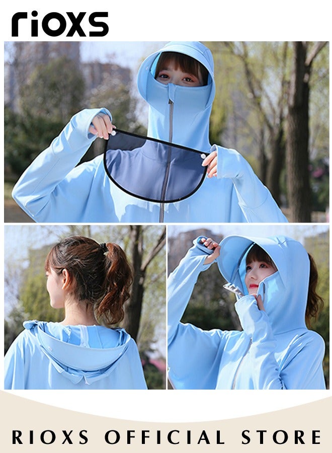 RIOXS Summer Women's UV-Protective Top with Hood, Sun Hat with UV-Blocking Visor, Cycling/Electric Scooter Face Mask with Neck Protection, Breathable Ice-Silk UV-Protective Top, Blue - Image 3