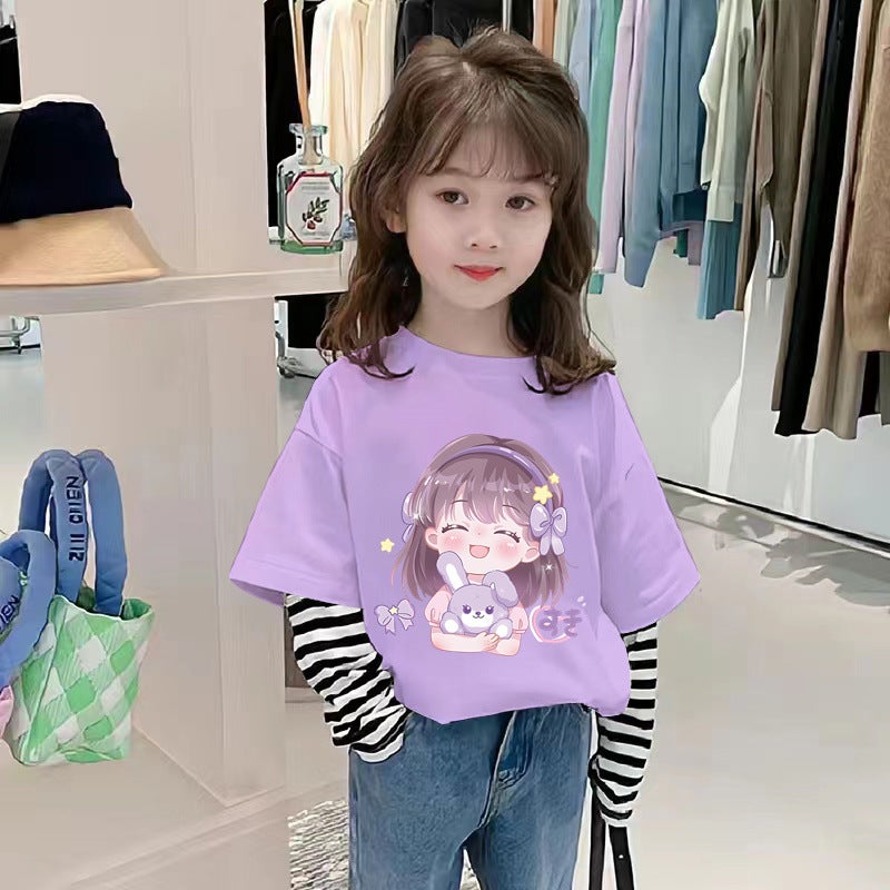 G2541# Girls Cotton Stitching Long Sleeve Loose T-Shirt Children'S Base Shirt Big Children'S Cartoon Top T - Image 1