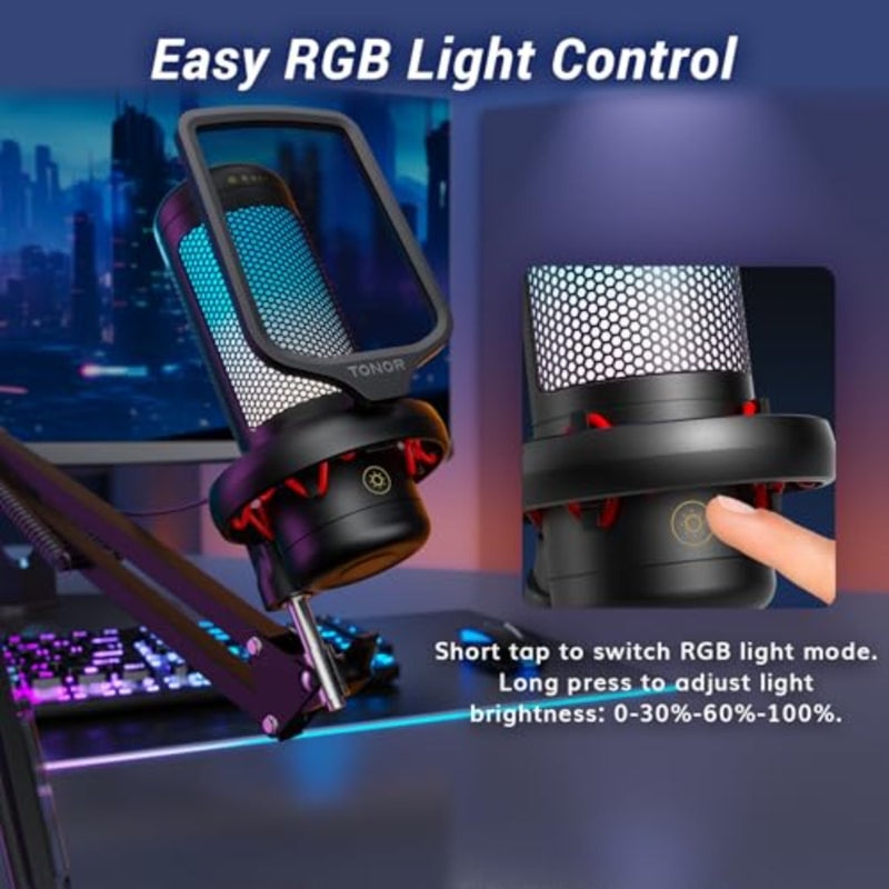 Micro PC Gaming RGB، ميكروفون USB مكثف احترافي مع دعم الذراع للبث والتسجيل وألعاب YouTube Discord والتعليق الصوتي للكمبيوتر المحمول Mac TC310+، أسود - Image 4