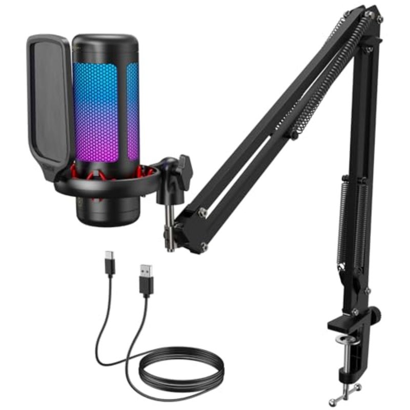 Micro PC Gaming RGB، ميكروفون USB مكثف احترافي مع دعم الذراع للبث والتسجيل وألعاب YouTube Discord والتعليق الصوتي للكمبيوتر المحمول Mac TC310+، أسود - Image 1