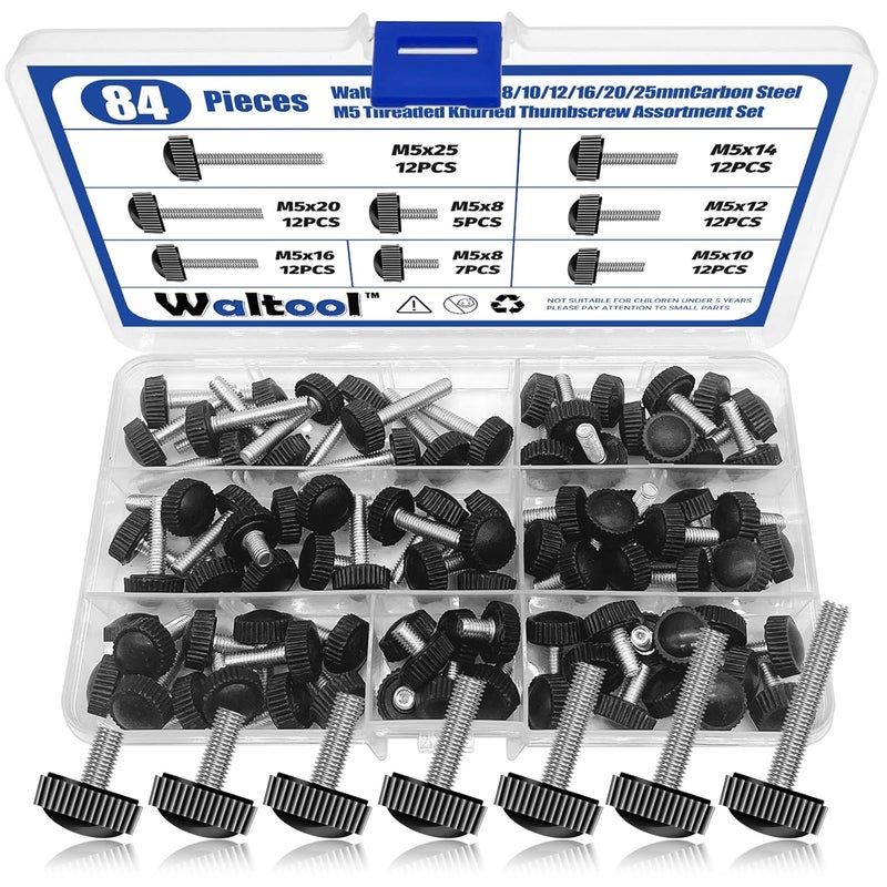 Waltool 84Pcs 7 Sizes Carbon Thumbscrew Assortment Set, M5 x 8/10/12/14/16/20/25mm Screw on Thread Knurled Round Clamping Knobs Handle Bolts Grip Thumb Screws for Machine - Image 1